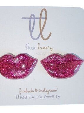 Women's Thea Lavery Jewelry Hot Pink Glittery Lips Earrings Stud Fashion